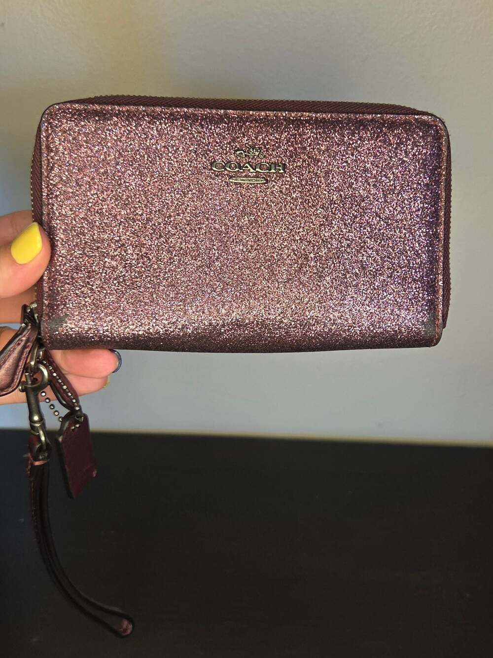 Coach Metallic Burgundy Glitter Accordion Zip-Around Wristlet Wallet
